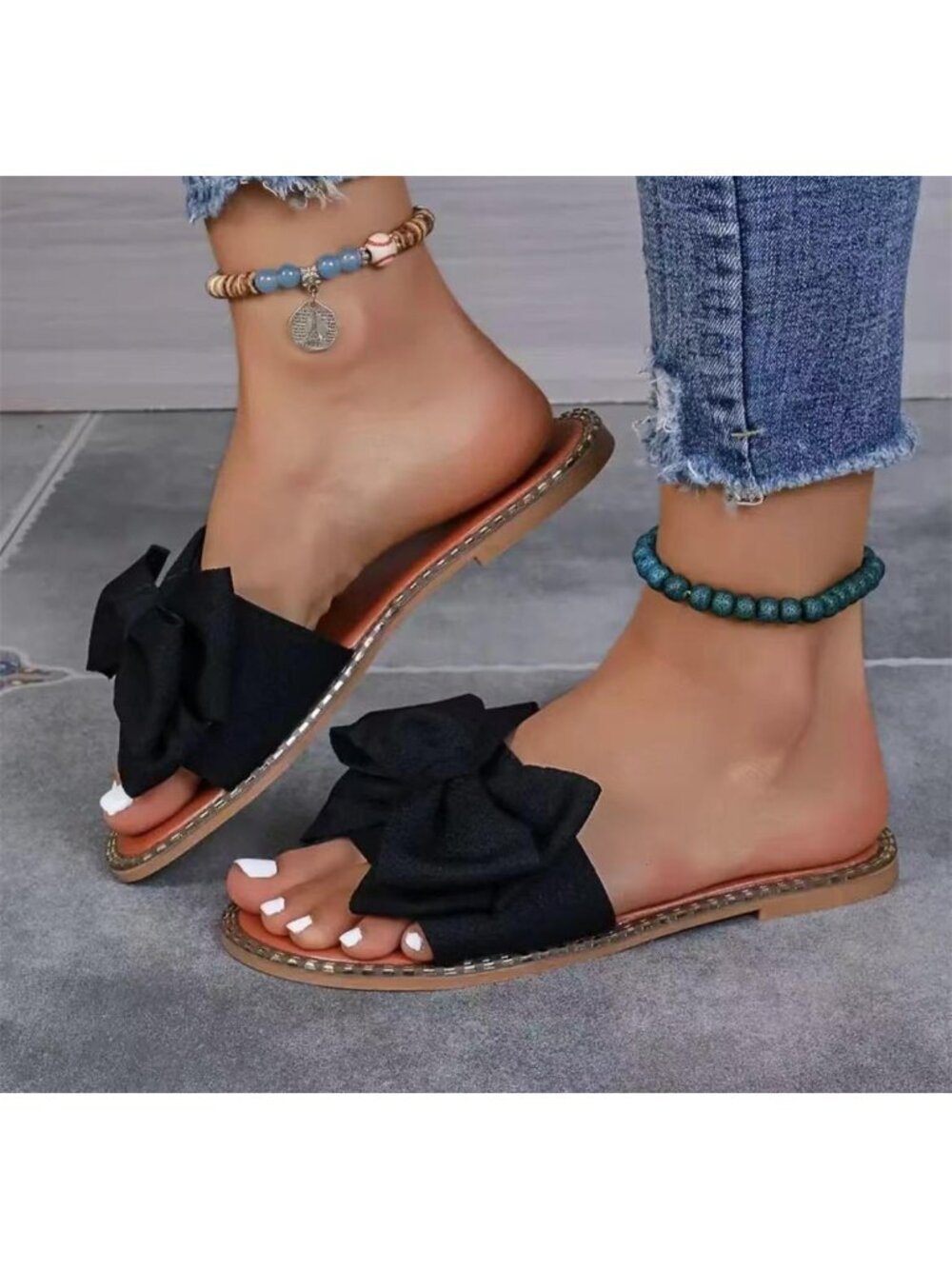 Women's Black Bow Knot Slides Open Toe Flat Sandals Slip On Beach Shoes - Picture 5 of 5